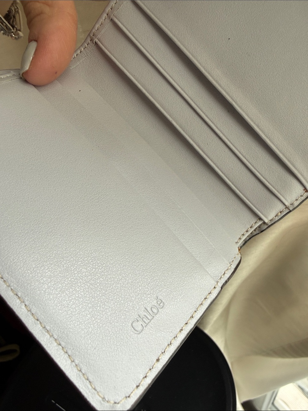 CHLOÉ Small Tri-Color C Wallet in Baby Blueish Gray, Tan & Olive Green - Picture 9 of 10